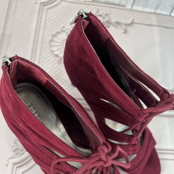 BCBGeneration Laced Up Tie Open Toe Burgundy Faux Suede Stiletto Bootie Boots 8 - Picture 9 of 16